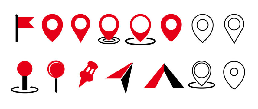 Collection of color red map pin vector icon. Set Of Address place icon symbol. Location icon collection. Vector Illustration. Location or map pin icon symbol set