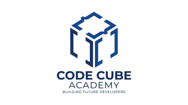 Professional Code Cube Academy logo design featuring abstract coding brackets forming a geometric cube shape.