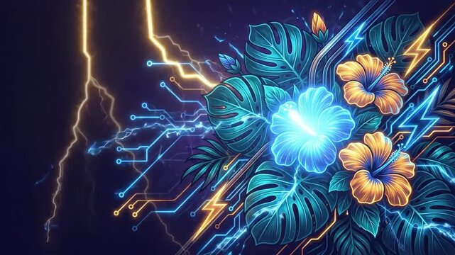 Neon hibiscus flowers and monstera leaves with circuit patterns and lightning bolts. Futuristic digital fusion of nature and technology for sci-fi design concepts
