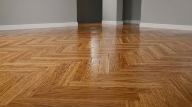 Polished herringbone parquet flooring reflecting soft light in an empty room wood