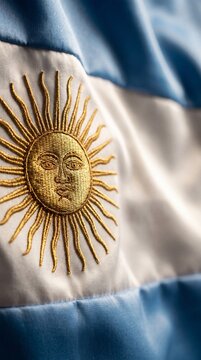 Ultra-realistic macro cinematic shot of the embroidered Sun of May emblem on Argentina flag textile, luxury fabric background with shallow depth of field and copy space