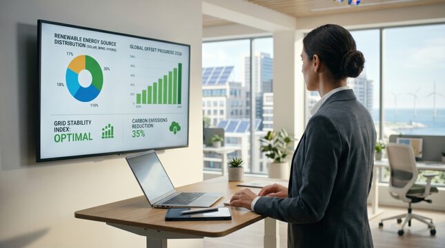 Business professional analyzing renewable energy distribution and carbon offset progress charts on wall display in modern office with city view and laptop workstation