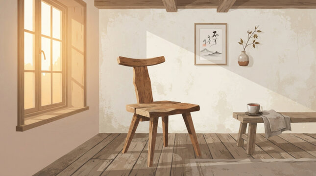 Rustic wooden chair placed in a sunlit corner of a minimalist room featuring an old wooden bench with a tea cup and a framed wall art piece for serenity
