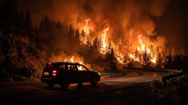 A dark suv vehicle drives along a winding mountain road at night while a massive forest fire rages intensely in the background with bright orange flames