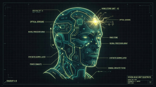 Advanced artificial intelligence head schematic featuring intricate neural circuitry and glowing synthetic components in a detailed technical blueprint