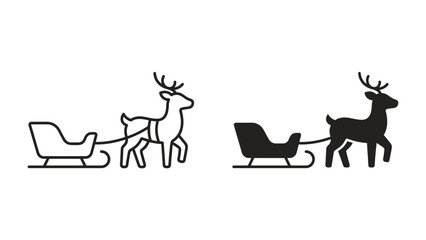 Christmas Sleigh Icon: A stylized depiction of a reindeer pulling a sleigh, presented in both outline and silhouette forms, evoking holiday spirit and winter travel. © mahmuda428