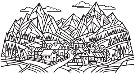 Naklejka premium Mountain village landscape line art vector with geometric peaks houses and pine trees for coloring book