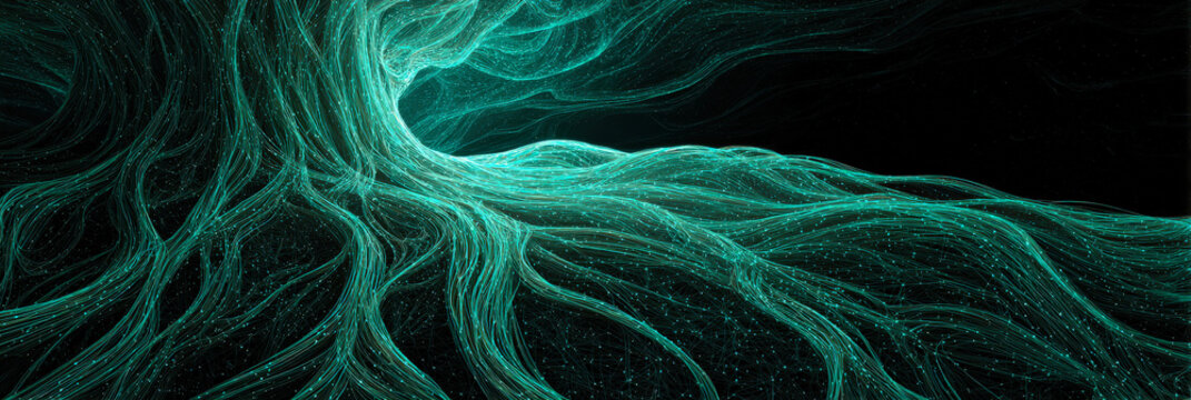 Luminous teal particle streams converge in fluid, wavelike motion against deep black ideal for AI, big data, neural network, cybersecurity, and cutting edge tech campaigns requiring visual.