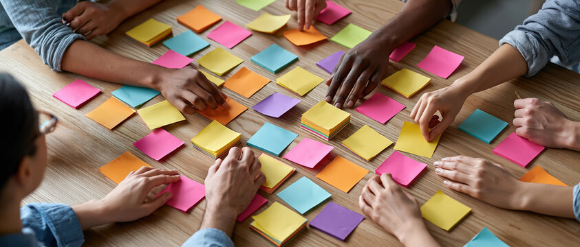 Collaborative ideation in action multicultural hands arrange vibrant sticky notes across a wooden table, capturing the energy of agile teamwork, design thinking, and creative problem solving.