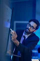 Fototapeta premium Future command center leader leverages AI predictive insights project dashboard guides team augmented decisions optimize resources achieve strategic goals faster now build next generation tech flow.