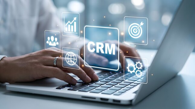 Crm software concept customer relationship management system on laptop keyboard