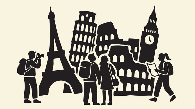 Tourists walking in front of famous world landmarks eiffel tower big ben and colosseum.