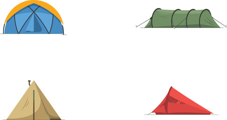 Outdoor Camping Tent Vector Illustration Set Featuring Blue Geodesic Dome Green Tunnel Teepee Tipi and Red Tarp Shelter Types © Rownok