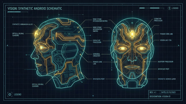 Futuristic artificial intelligence android head schematic blueprint displaying complex neural circuitry and glowing power core integration systems detail
