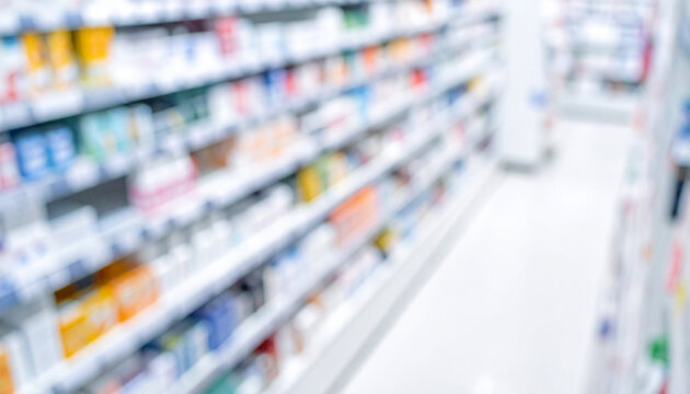 Blurred background of pharmacy shelves with medicine and healthcare products.
