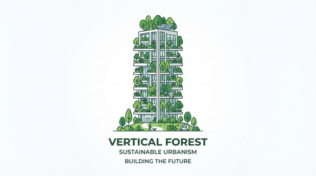Minimalist line art illustration of a sustainable vertical forest skyscraper concept featuring green balconies and renewable solar energy panels
