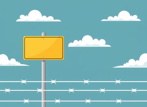 A blank yellow rectangular warning sign stands tall behind three rows of sharp metal barbed wire under a beautiful blue sky with fluffy white clouds representing a boundary for restricted zones