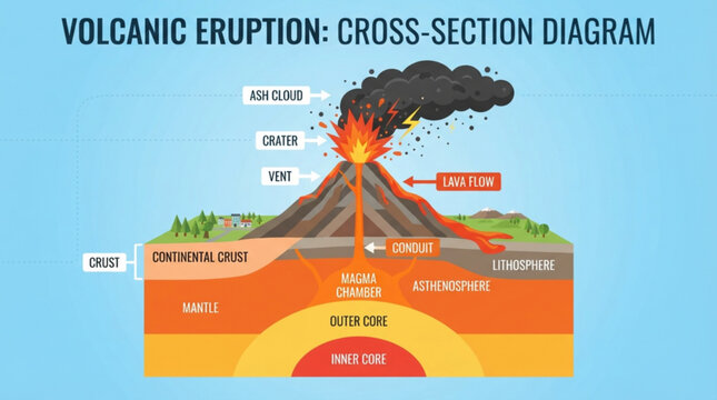 Educational cross section diagram of a volcanic eruption showing internal geological layers of the earth and surface activity in a flat vector style