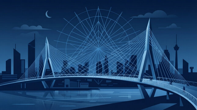 Modern cable stayed bridge and giant ferris wheel under night sky in blue monochromatic vector illustration of urban city skyline with bridge spanning river