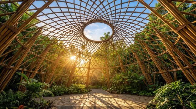 Intricate bamboo geodesic dome structure frame featuring a circular open roof design with warm golden sunlight filtering through tropical lush green vegetation in a peaceful setting