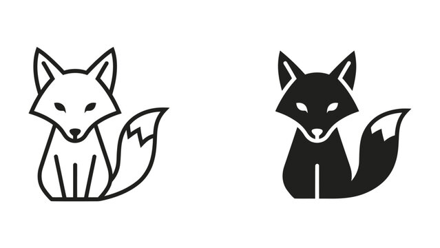 Fox Icon Duo: A minimalist set of two fox icons, one outlined in black and white, the other a solid black silhouette, representing a cunning and clever woodland creature.