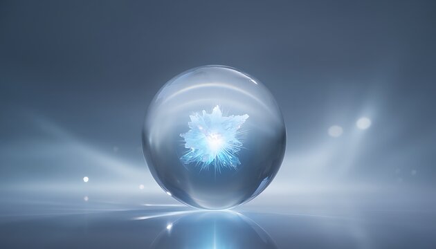 Glowing snowflake inside translucent sphere with misty background