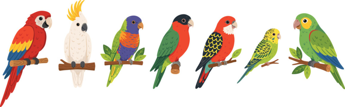 Exotic Tropical Parrot Character Vector Illustration Set Featuring Colorful Macaw Cockatoo Rainbow Lorikeet Rosella Budgerigar and Parakeet Birds Perched on Branches