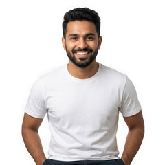 Obraz premium Happy young man with beard wearing a white t-shirt smiling at camera