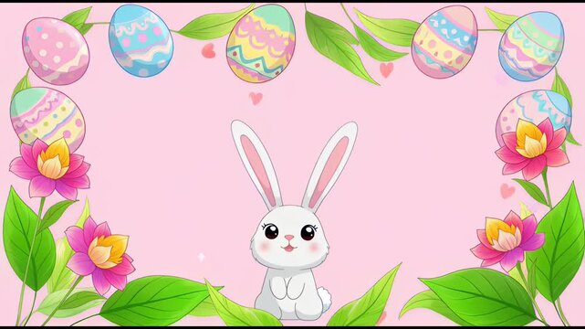 Easter greeting card frame with decorated eggs and a white rabbit.