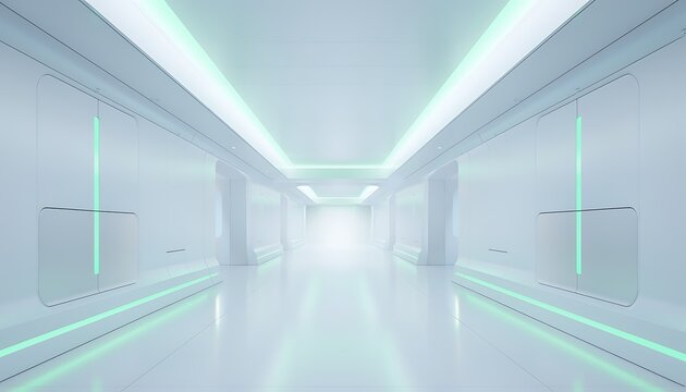 Futuristic white corridor extending with green neon lights