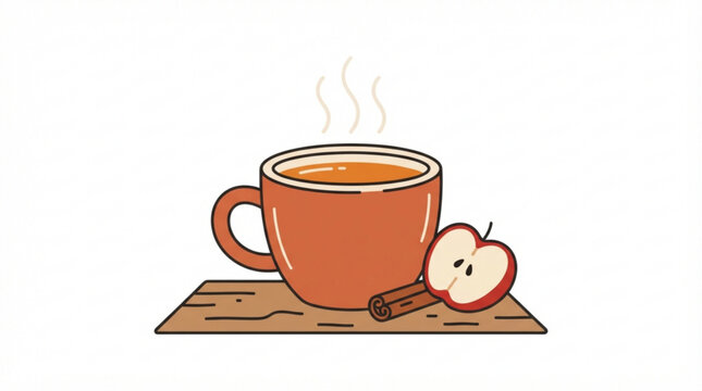 Minimalist illustration of a warm steaming cup of apple cider with cinnamon stick and apple slice resting on a rustic wooden board for autumn season