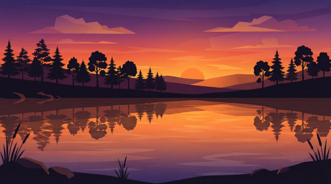 Serene sunset landscape featuring silhouetted pine trees reflected upon a calm lake surface under a vibrant purple and orange gradient evening sky