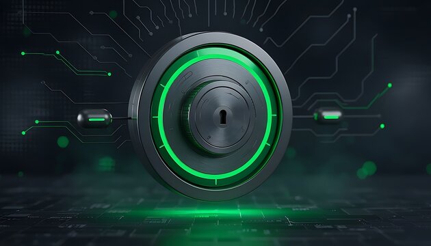 A glowing green digital lock on a circuit board background