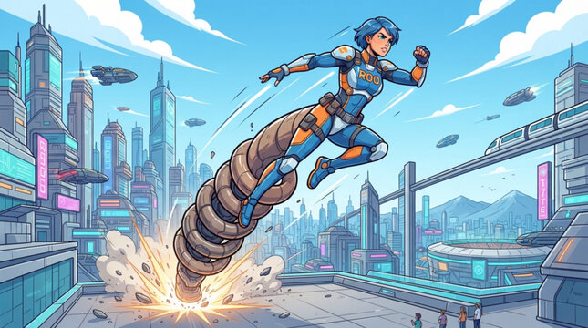A determined superhero launches into the sky from a futuristic city rooftop using a powerful spring mechanism in this dynamic comic book illustration