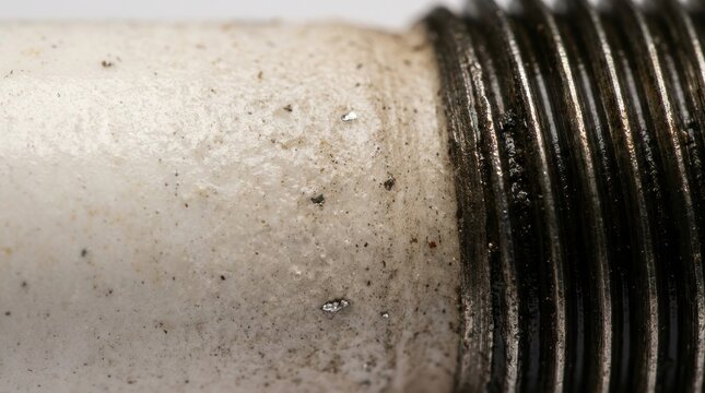 Extreme close up of a dirty ceramic insulator and threaded metal shaft Threads are worn and covered in grease Extreme