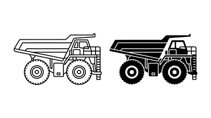 Heavy-Duty Mining Truck Vector Icon: A clean, graphic representation of a large, rugged mining dump truck in both outline and solid silhouette form. © abidakhatun