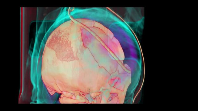 Medical CT diagnostic visualization showcasing a three dimensional volume rendering of a human skull with post operative craniectomy bone loss