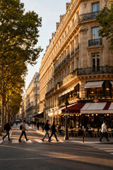Obraz premium Pedestrians Crossing a Charming Paris Café Street