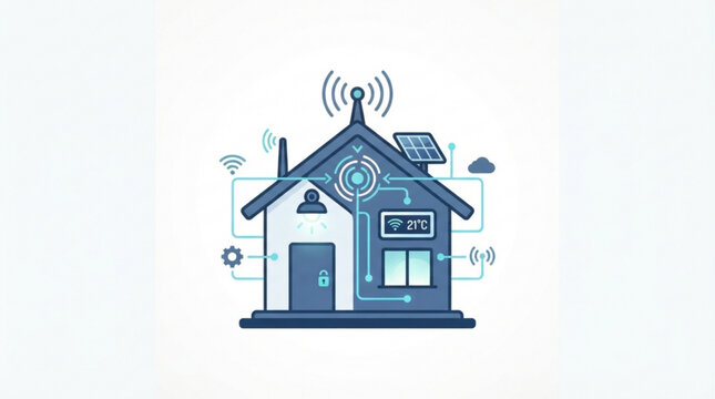Digital illustration of a modern smart home featuring integrated internet connectivity solar energy panels and automated climate control systems
