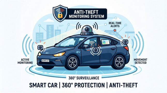 Smart electric vehicle featuring integrated 360 degree anti theft surveillance system with real time monitoring sensors and automated security alert icons
