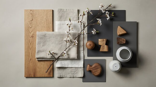 Elegant Flat Lay Composition with Natural Textures and Neutral Tones.