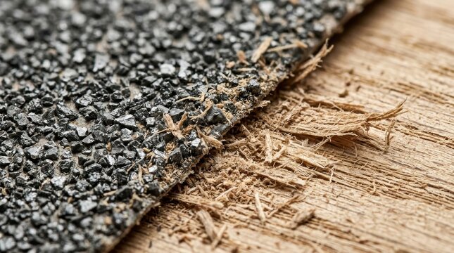 Close up macro view of sandpaper with coarse grit on splintered wood surface abrasive