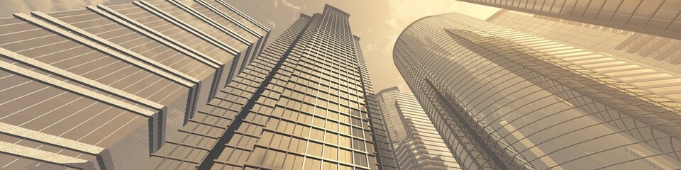 Skyscrapers, high-rise buildings from below against the background of the sky, cityscape, panorama of skyscrapers, 3D rendering © ustas