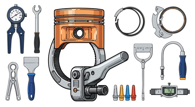 Automotive engine repair tools and piston components set.
