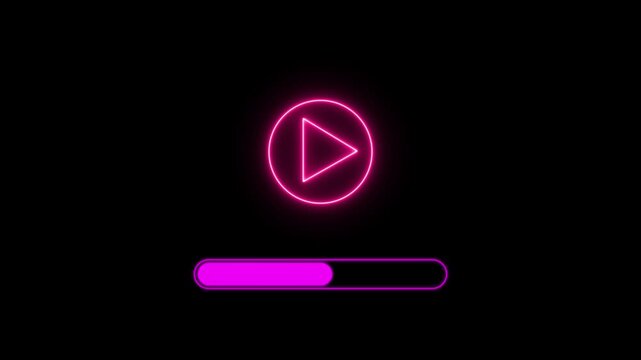 Glowing purple play button icon with progress bar on abstract interface element, neon, streaming, motion graphic symbol, playback indicator progress bar, waiting indicator playback symbol, 4k video.