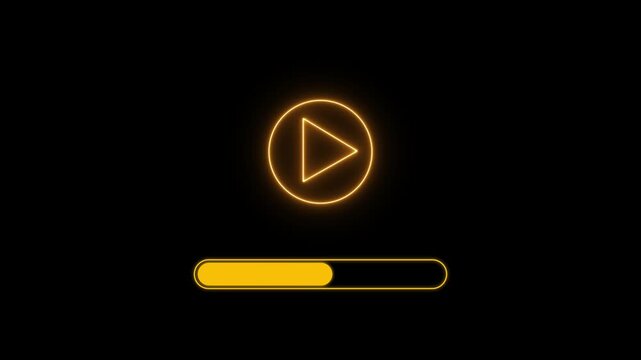 Glowing yellow play button icon with progress bar on abstract interface element, neon, streaming, motion graphic symbol, playback indicator progress bar, waiting indicator playback symbol, 4k video.