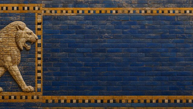Famous Ishtar Gate Babylonian Lion Relief with Blue Glazed Brick Wall Background Banner