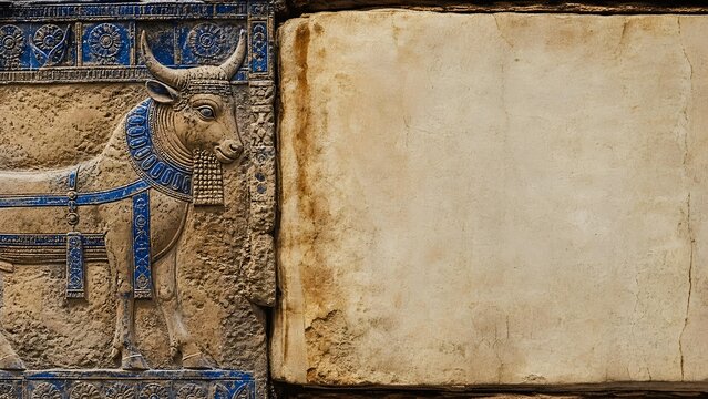 Ancient Babylonian Sacred Bull Relief with Blue Glazed Mosaic Clay Wall Background Banner