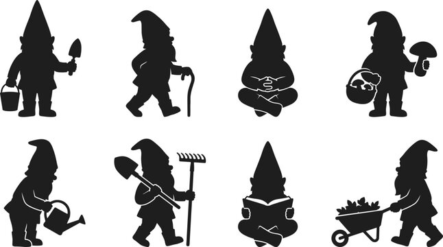 Garden Gnome Silhouette Collection with Gardening Mushroom Reading and Outdoor Activity Vector Icons