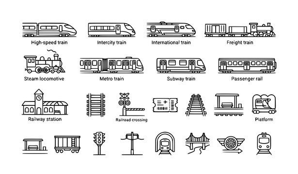 Train and railway thin line icon set editable vector